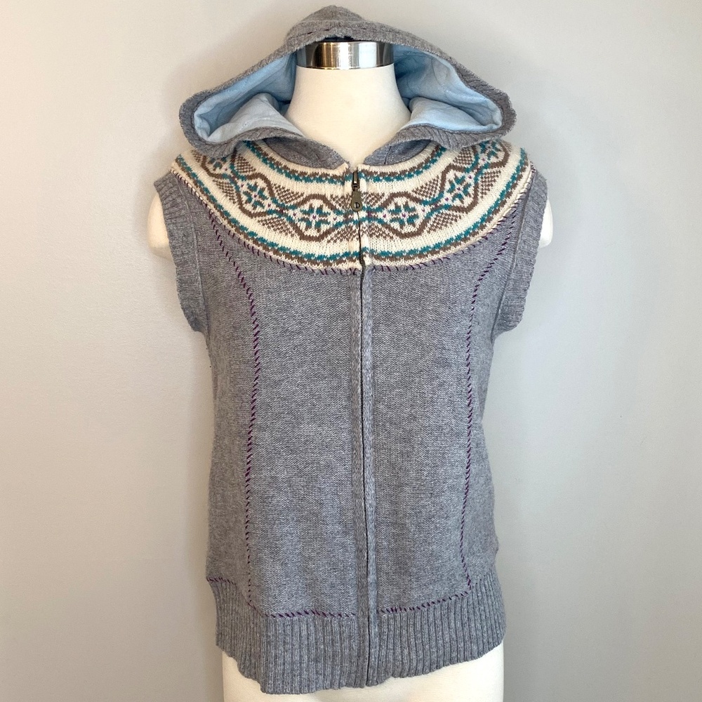 Free People Hooded Gray Wool Zip Fair Isle Sweater Vest - Size M